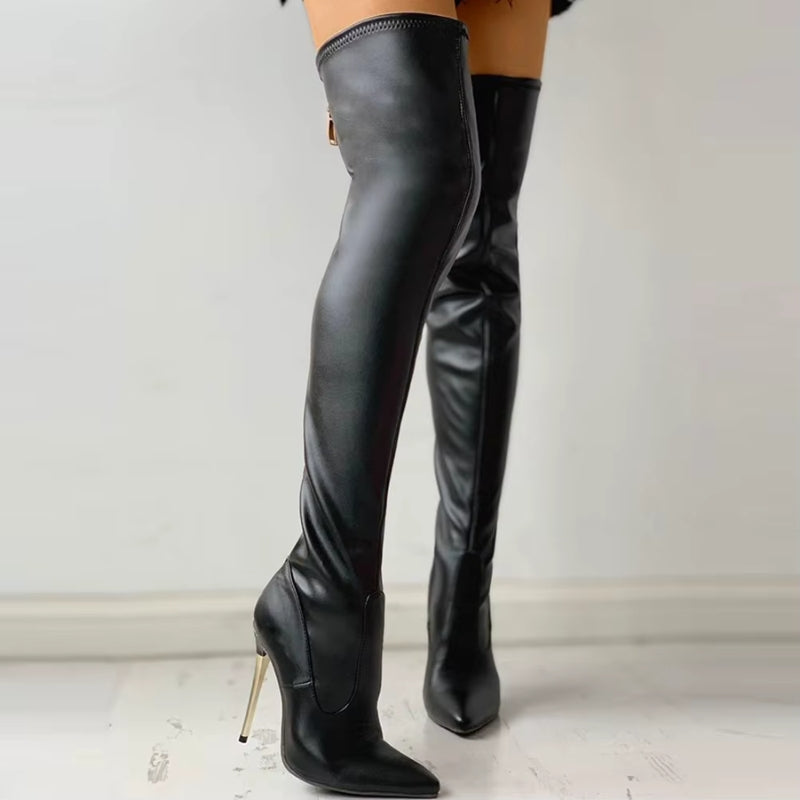 Women's Knee-High Boots with Pointed Toe and Side Zip